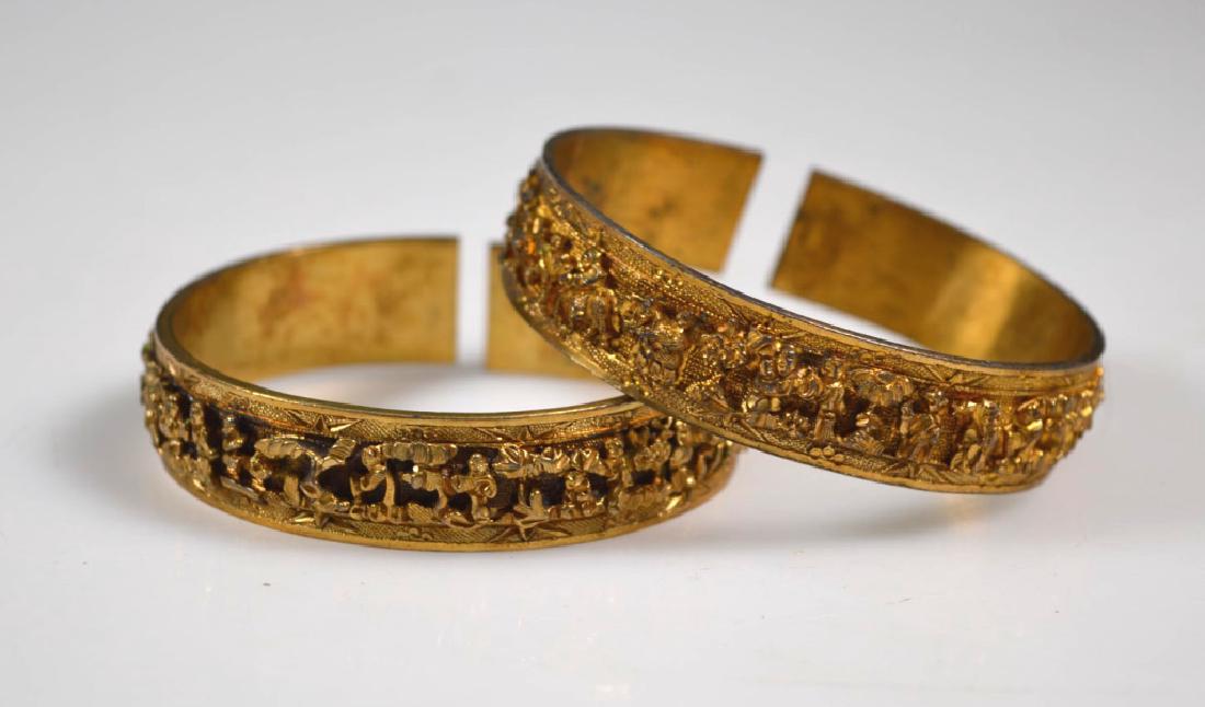 Pair 19th C Chinese Gilt Silver Bangle Bracelets (1 of 7)
