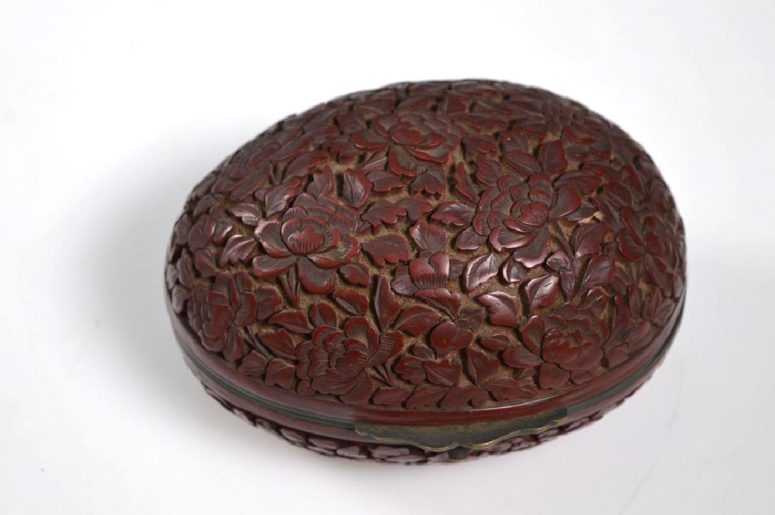 19th C Chinese Red Cinnabar Lacquer Hinged Egg Box (1 of 6)