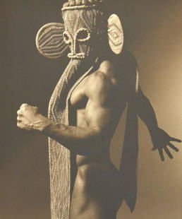 Len Prince Photo: Nigel in Elephant Mask II, 1990: Len Prince: Nigel in Elephant Mask II, 1990; 2/10; Signed, dated, stamped & titled on reverse of print. Printed in April 1991. Gelatin Silver Sepia Print in Frame. Not examined out of frame. Height of