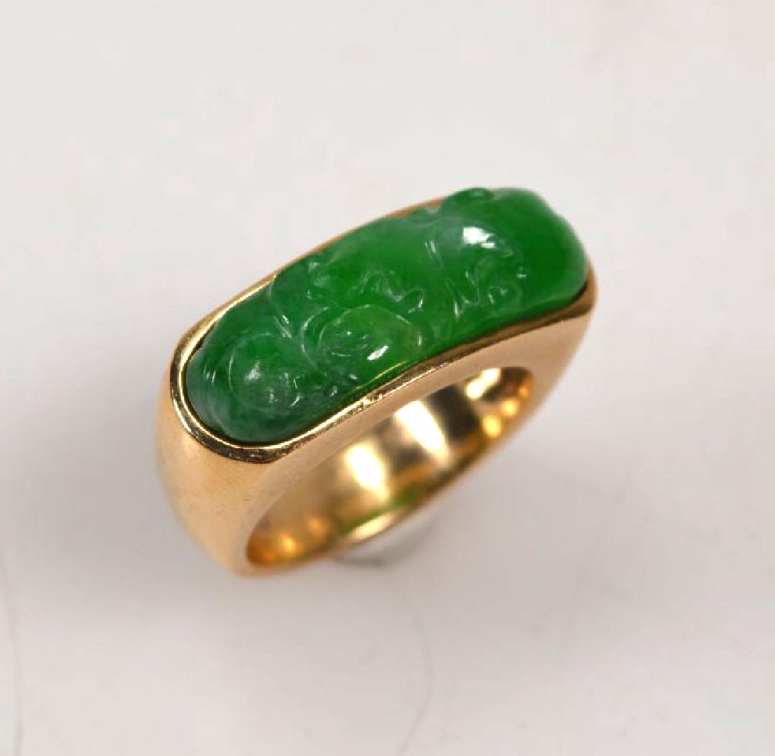 Chinese Carved Natural Jadeite Saddle Ring 14K (1 of 6)