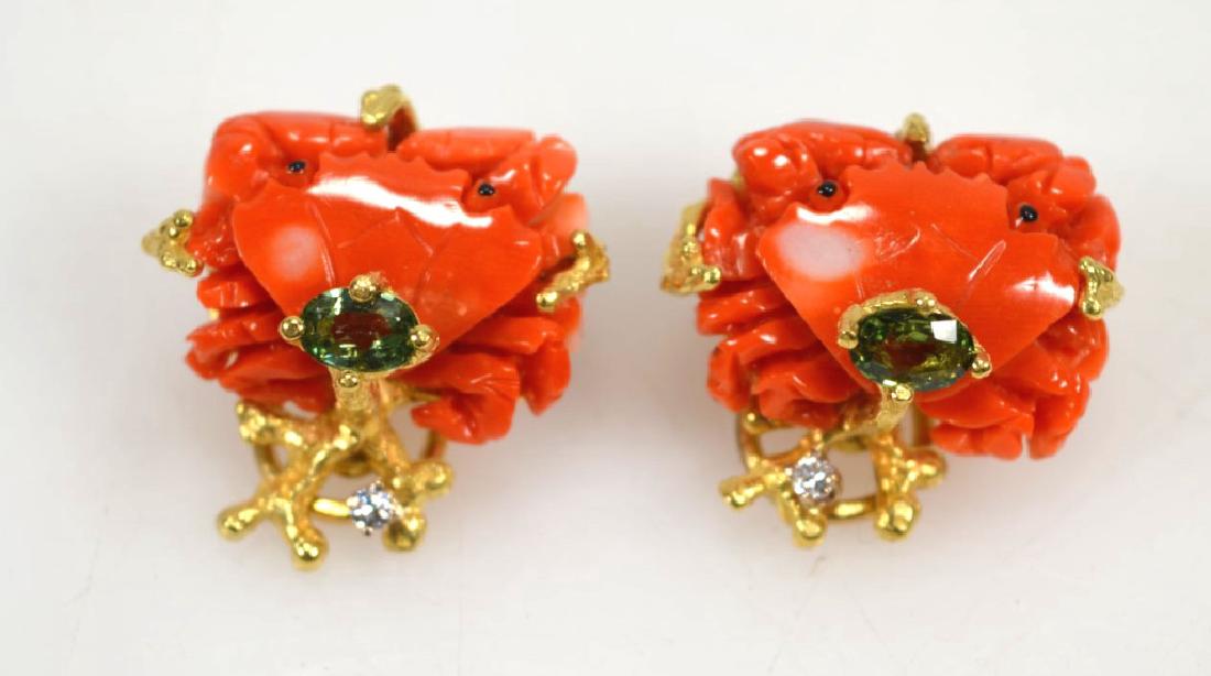 Designer Carved Coral Crab Earrings in 18K (1 of 6)