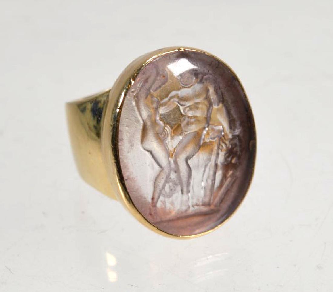 18th C English "Tassie Intaglio Gem" in Gold Ring: 18th C English "Glass Intaglio Gem" in Yellow Gold Ring unmarked; the thick clear lead-crystal glass paste most probably from the Georgian glass works of James Tassie (1735–1799); with Hercules, his