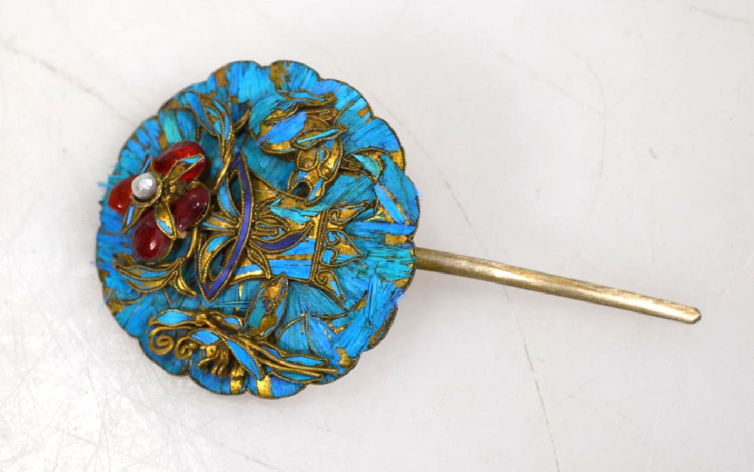 19th C Chinese Gilt Silver and Feather Hair-Pin (1 of 5)