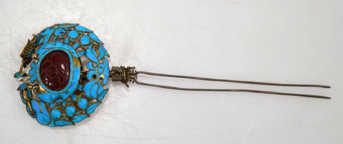 19C Chinese Gilt Silver, Feather, Amber Hair Pin (1 of 5)