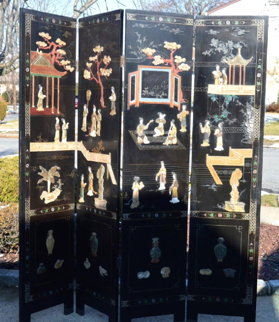 Chinese 4-Panel Lacquer & Carved Soapstone Screen (1 of 10)