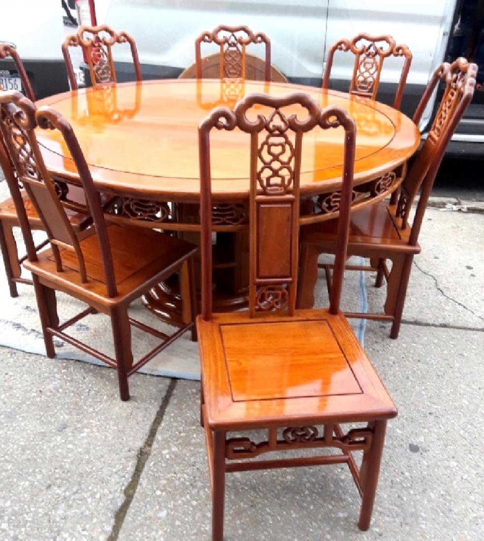 Chinese Hongmu Round Dining Table; 8 Chairs