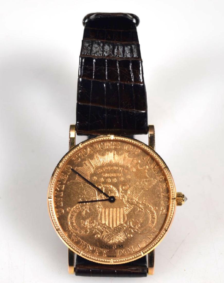 Corum; 1906 USA $20 Gold Piece Wrist Watch: Corum; 1906 USA $20 Gold Piece Wrist Watch in 18K gold case with hallmarks to case at the white sapphire inset crown; Corum "Key Logo" buckle marked "750", dark oxblood lizzard band marked Corum with