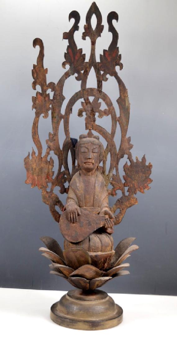 Japanese Horyuji Temple Tennin, Asuka: Japanese Tennin, probably Asuka Era, 7th Century, formerly attached to the canopy in the Kondo Main Hall at Horyuji (Horyuji) Temple in Nara. Parts of lotus petal seat missing, parts of back nimbus mi