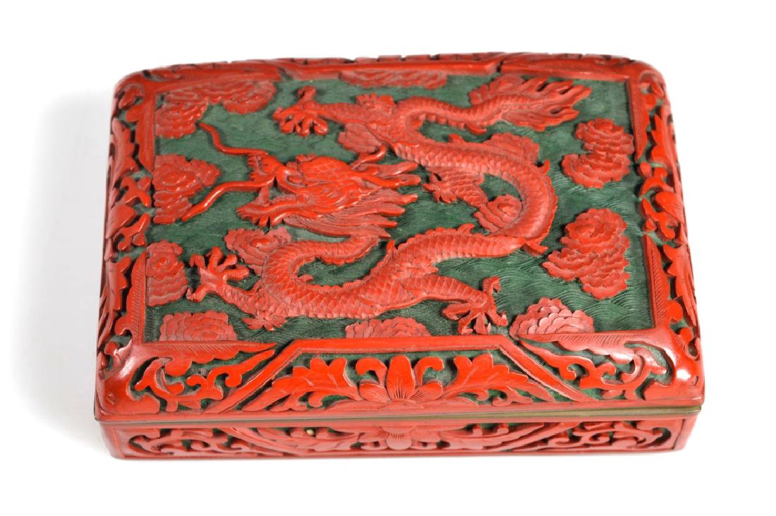 Chinese Carved Red Cinnabar & Green Lacquer Box (1 of 7)