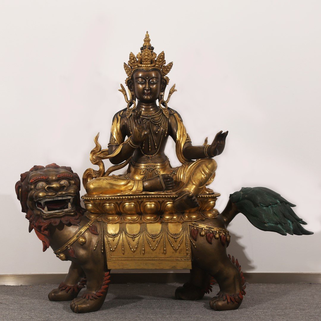 Lg Chinese Qing Gilt Bronze Buddha on Magic Animal (1 of 9)