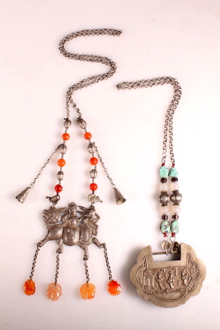 -2 Chinese Silver Pendants on Chains w Hardstones (1 of 9)