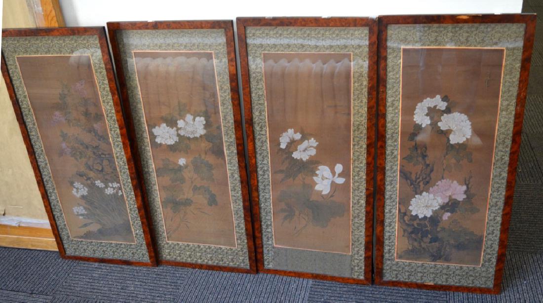 Set 4 Chinese Flower Paintings on Silk; Framed (1 of 9)