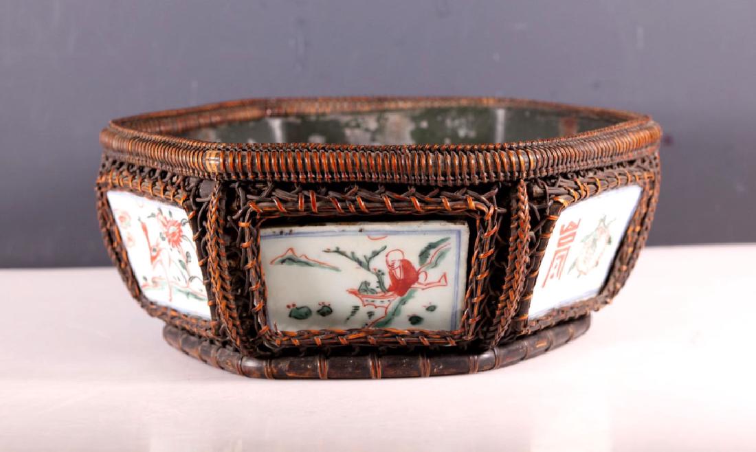 Hexagonal Basket inset w 6 Wucai Porcelain Tiles (1 of 6)