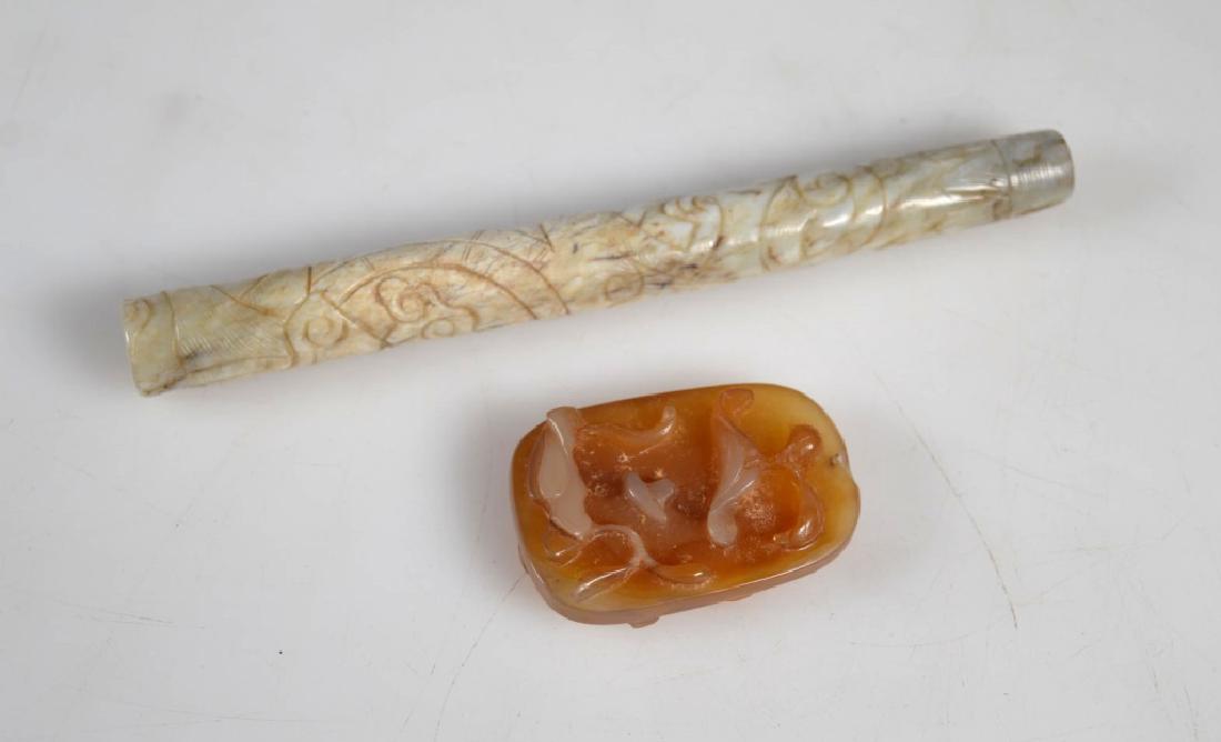 Chinese Ming Jade Brush Handle; Agate Pendant: Chinese Ming Dynasty Chicken-Bone Jade Brush Handle well carved with a Qi Dragon; together with an Agate Pendant of sprouts using the color changes in the agate. Brush handle in good shape; agate pend