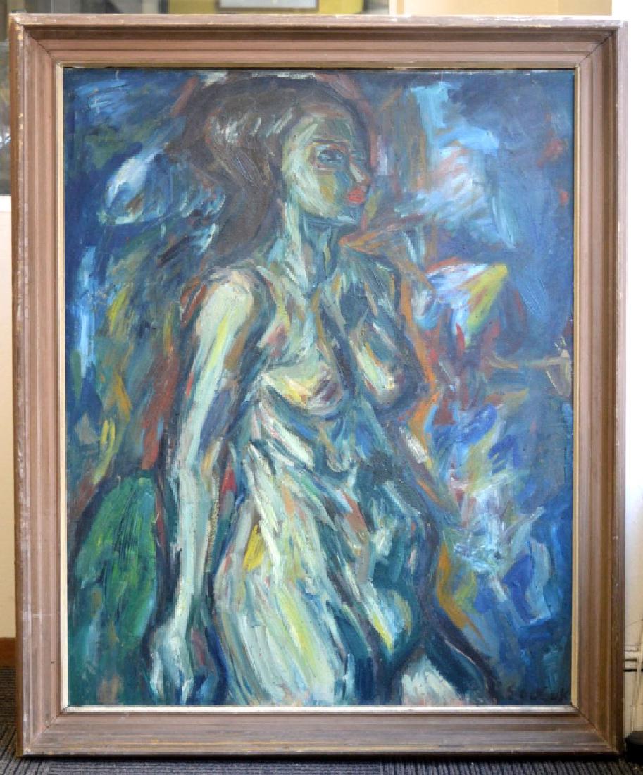Soo Suk Kim: Korean Oil/Canvas, 1963 Female Nude: SooSuk Kim: Korean Oil/Canvas on stretcher with frame, signed in English & Korean and dated 1963 on the back of the canvas; "Female Nude". Height of art 35 3/4 inches (91 cm.) X width of art 28 1/2 in