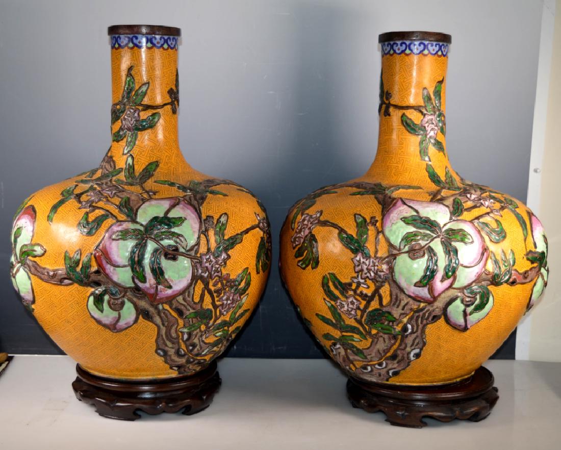 Lg Pr Chinese 9-Peaches Cloisonne/Champleve Vases (1 of 10)