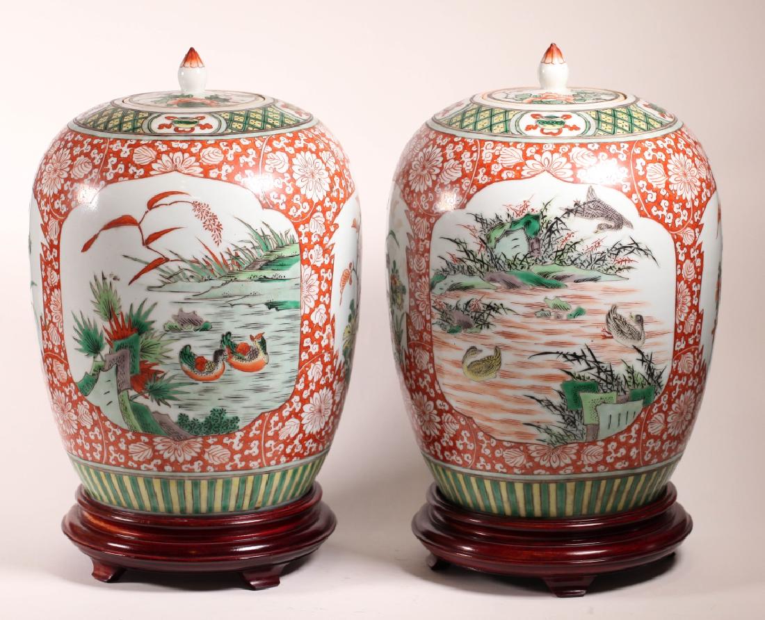Fine Lg Pr Chinese Famille Verte Covered Jars (1 of 8)
