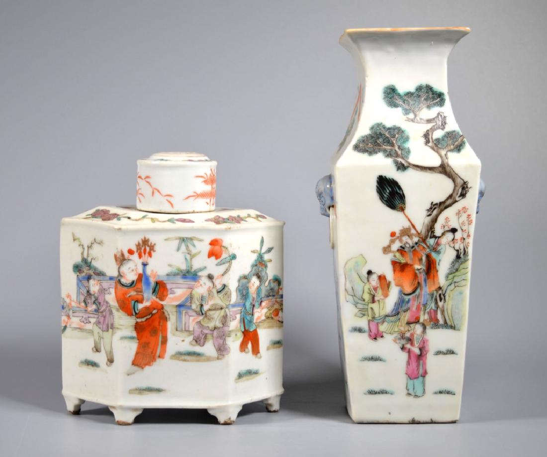 2 Chinese 19C Enameled Porcelains; Vase & Tea Can (1 of 7)