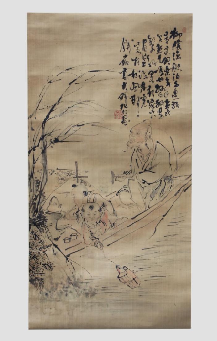 Chinese Ink Painting on Silk; 3 Men Fishing (1 of 9)
