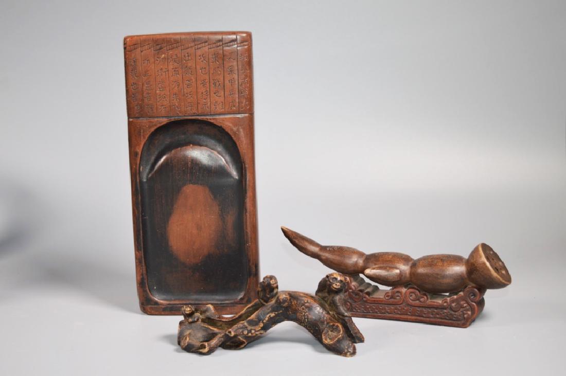 Two Chinese Brown Yixing Brush Rests; Ink Stone (1 of 10)