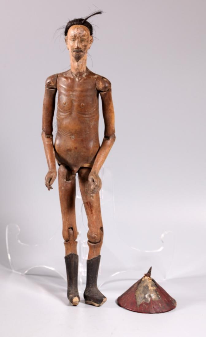 Rare Chinese 18/19C Articulated Wood Manchu Figure: Rare Chinese Early 19 Century carved, hinged and Articulated Wood Manchu Figure, anatomically correct and wearing boots, the detailed finger nails carved long the head removable and with an attached b