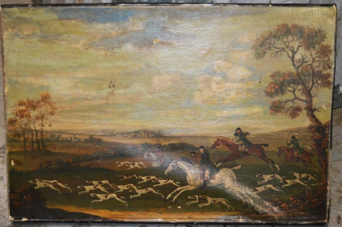 Hunt Scene after James Seymour; Oil on Canvas: Horse and Hounds Hunt Scene, a village in the distance, after James Seymour (London 1702-1752); Oil on Canvas and mostly 18 century; relined with a new stretcher with a cross bar. Some damage to edges
