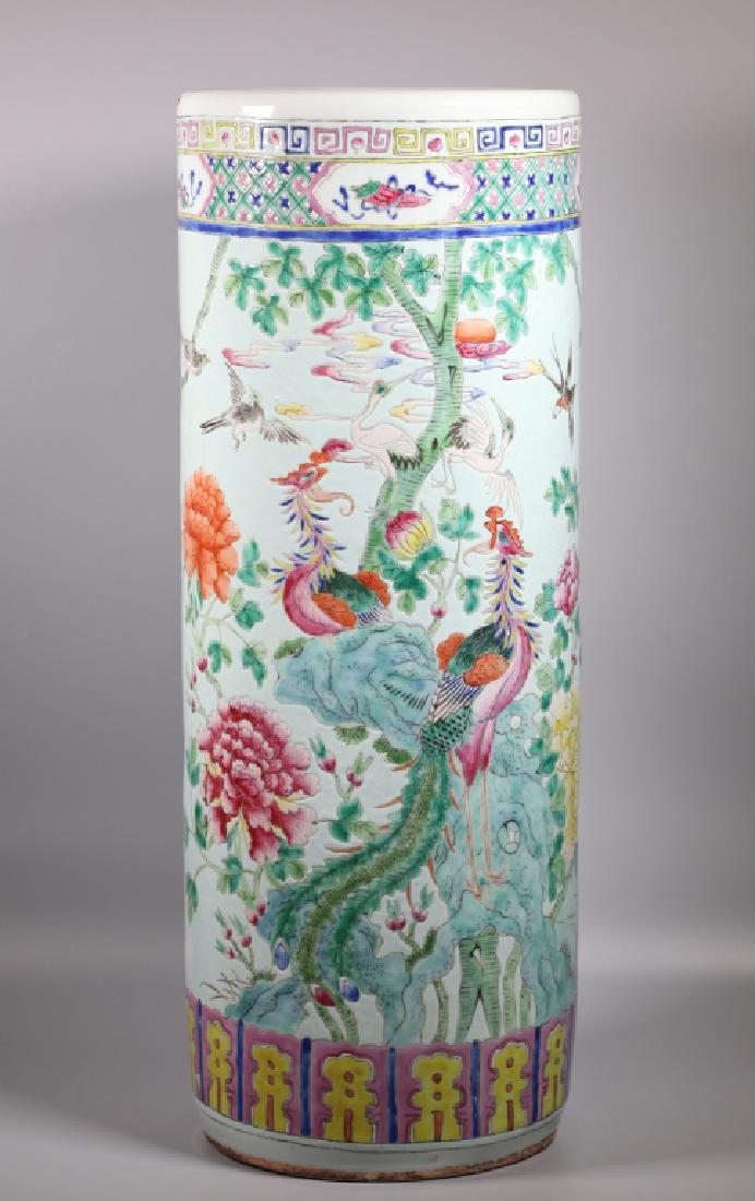 Chinese 19 C Enameled Porcelain Umbrella Stand: Chinese 19 Century Bird & Flower Famille Rose Enameled Porcelain Umbrella Stand well painted with pairs of Phoenix, pairs of Cranes, pairs of Mandarin Ducks, surrounded by large Peonies and all on a p