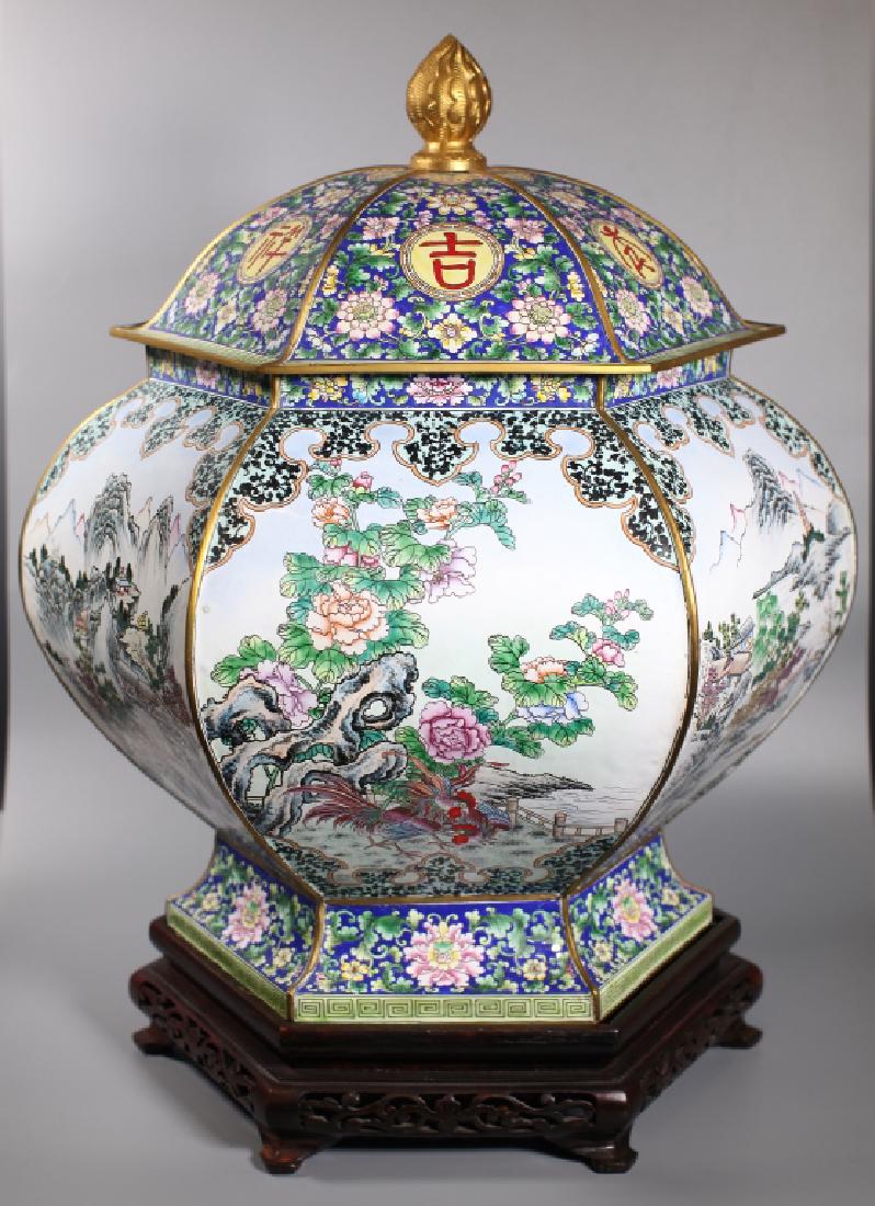 Lg Chinese Hexagonal Canton Enamel Jar Wood Stand (1 of 8)
