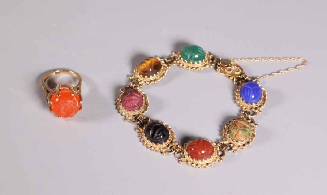 Carved Carnelian & 14K Ring; 7-Scarab Bracelet 14K (1 of 8)