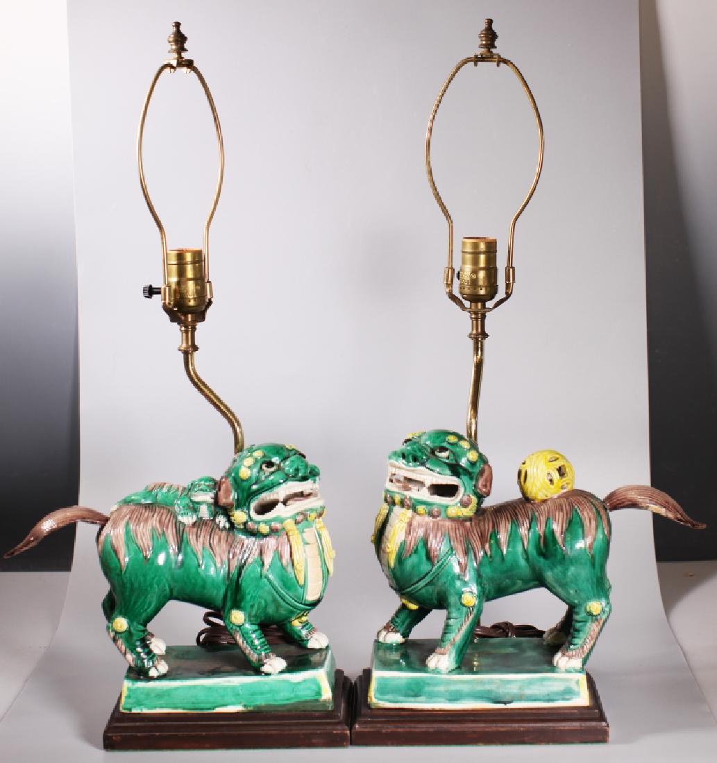 Pair Chinese Enameled Porcelain Fu Dogs on Stands (1 of 10)