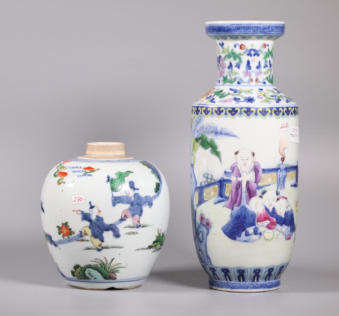 2 Chinese Underglaze Blue & Enamel Porcelain Vases: 2 Chinese Underglaze Blue & Enamel Porcelain Vases; the first a Doucai baluster vase with a design of Little Boys playing in a Garden, the base with underglaze blue Qianlong mark; the second a ginger 