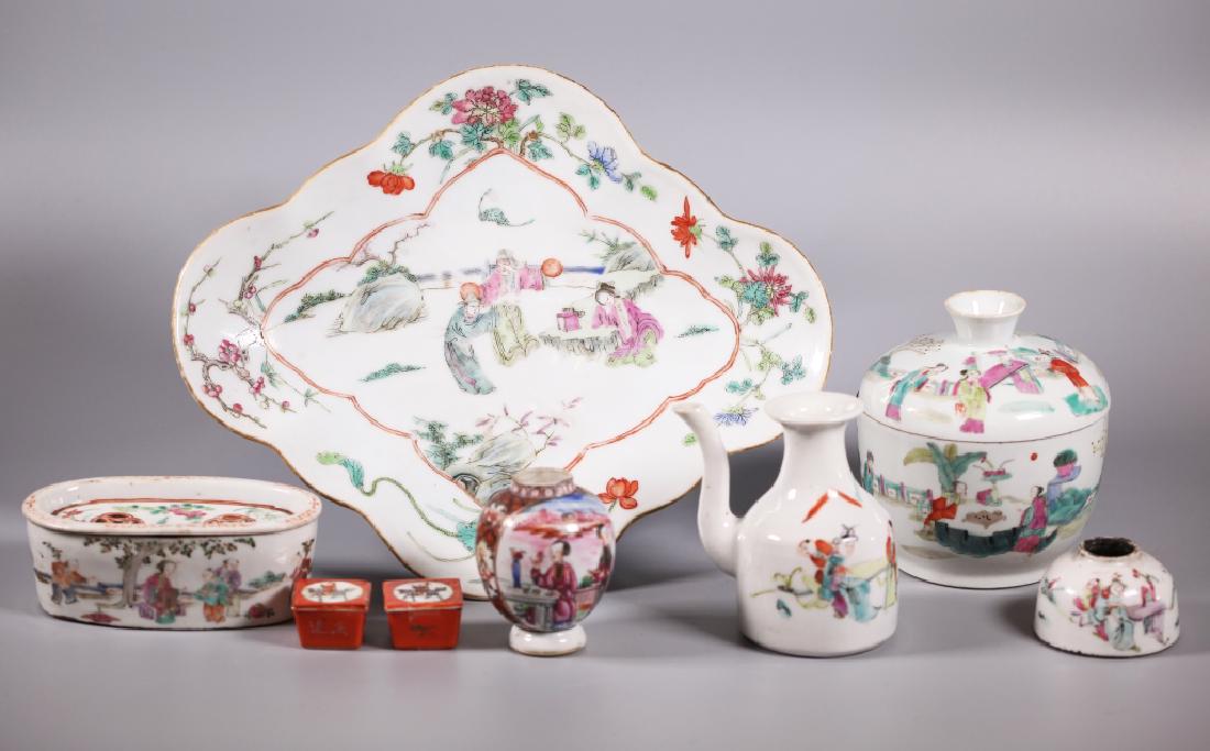 Eight Chinese 19 Century Enameled Porcelains: Eight Chinese 19 Century Enameled Porcelains; an early Mandarin painted Tea canister, 2 small square topped boxes, an oval container with pierced cover, small wine pitcher or water dropper, a quatrefo