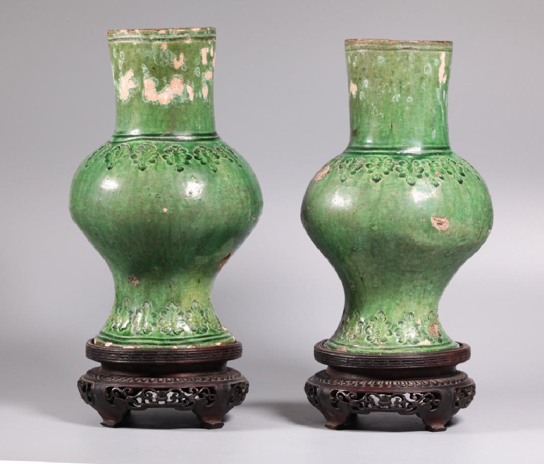 Pair Chinese Ming Dynasty Green TileWork Vases