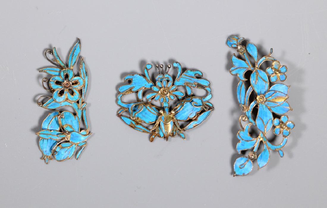 3 Qing Chinese Gilt Silver Feather-Inlaid "Jewels": 3 Qing Dynasty Chinese Gilt Silver Feather-Inlaid "Jewels" designed with overlapping flowers and a butterfly; one hallmarked. Age related wear and loss of inlay. See Images. Total weight 5 grams. Larg