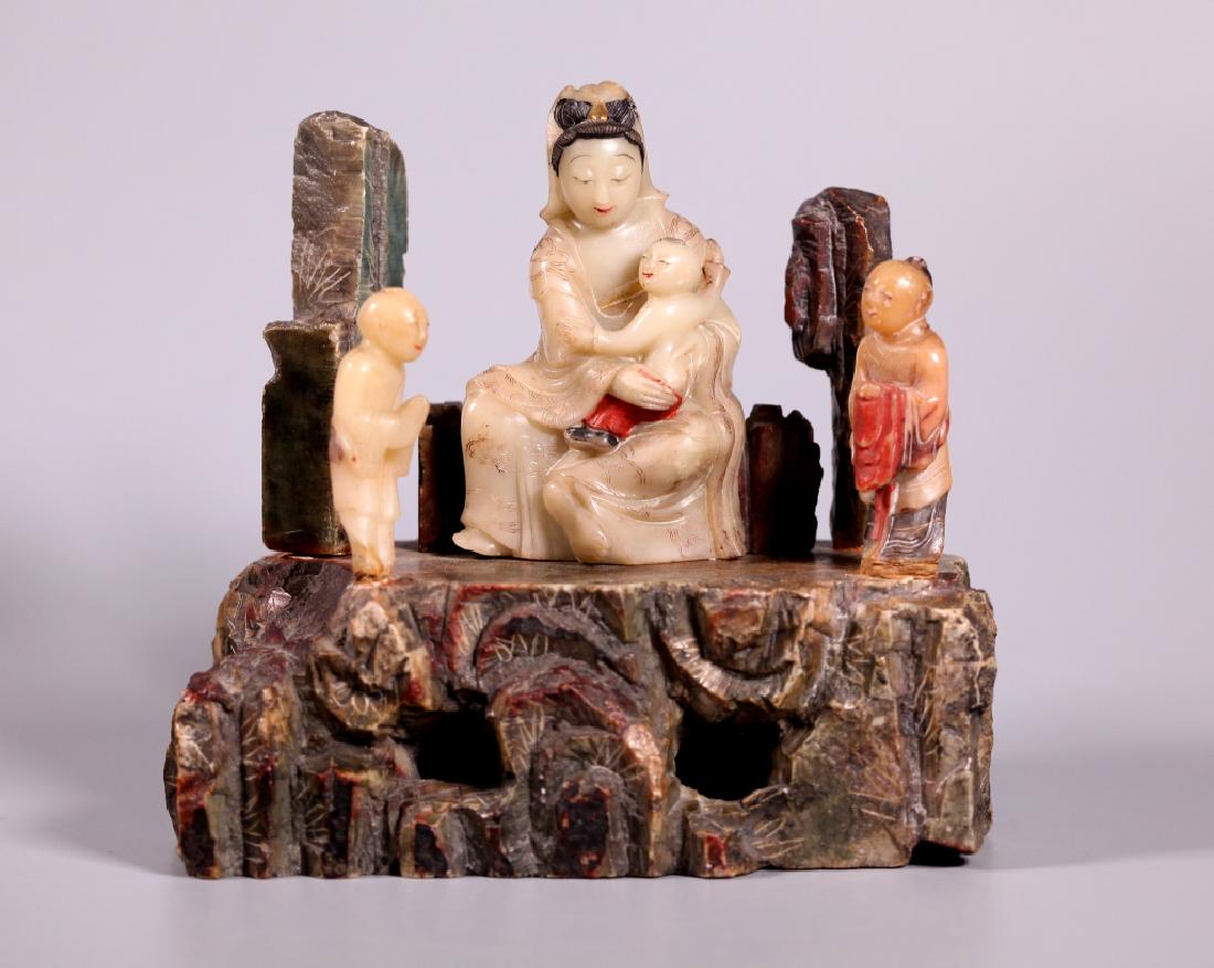 Chinese 19C White Soapstone Guanyin on Rock Throne (1 of 7)