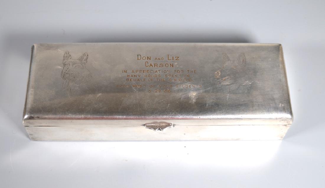 Silver Plate Box International Silver Co 1956: Silver Plate Box International Silver Co 1956, the cover with a "piano" hinge; marked on base for , E.G. Webster & Son 1886-1928, sold to International Silver Co 1928-1961, the cover engraved with two