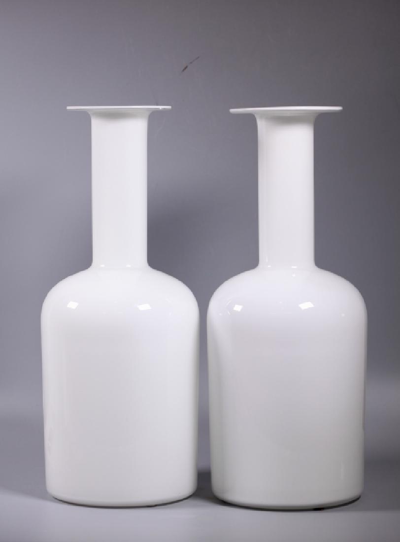 Pr Lg Holmegaard Danish Glass "Carnaby" Vases: Pair of large Holmegaard, Danish Glass "Carnaby" Vases designed by Per Lutkin & Michael Bang circa 1950's / 1960's in mold-blown clear glass over milk glass. Good condition, very light age related wea
