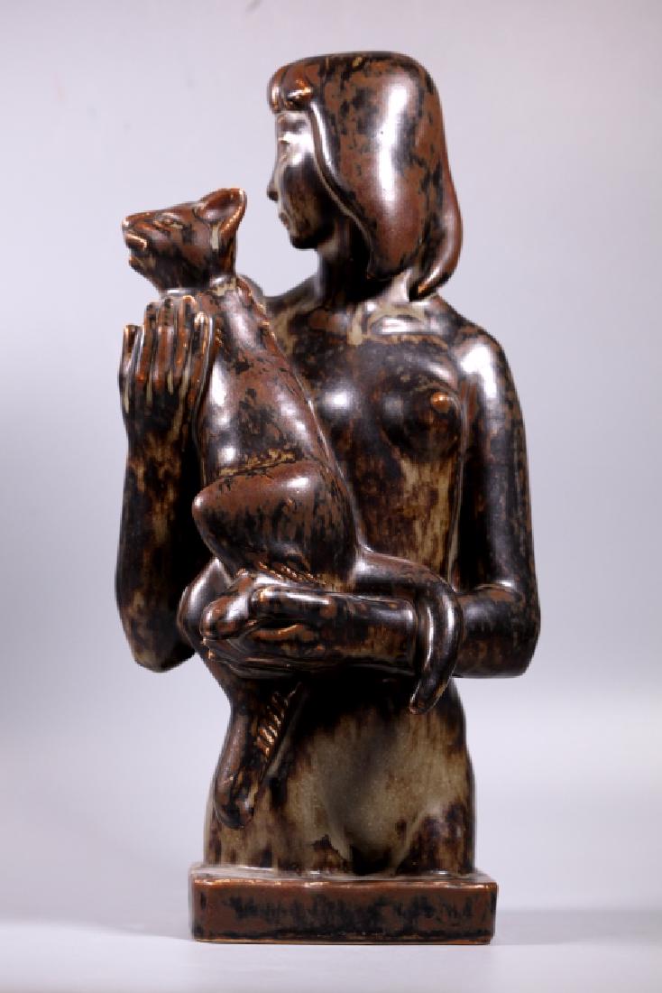 Helge Christoffersen Unique Stoneware Sculpture: Helge Christoffersen (Danish, 1925–1965): Unique large Stoneware Sculpture, "Nude Girl with Cat" for Royal Copenhagen, Denmark, circa 1950's covered in a Song Dynasty Style mat glaze. Incised "HC" m