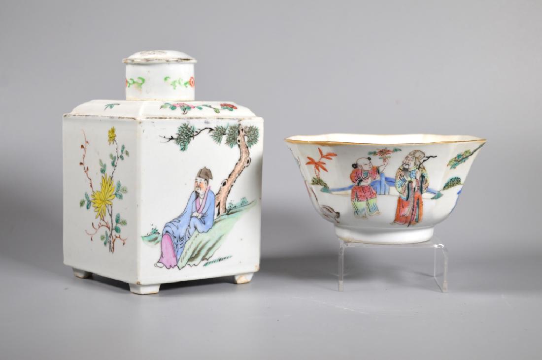 2 Chinese Enameled Porcelains; Tea Caddy & Bowl (1 of 7)