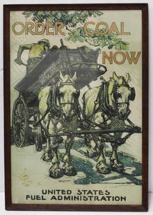 J C Leyendecker "Order Coal Now" Poster 1918: J C Leyendecker (1874-1951); "Order Coal Now" Poster for the United States Fuel Administration, color lithograph printed 1918, Edwards & Deutsch Litho., Chicago IL.; framed. Height of art 29 inches X