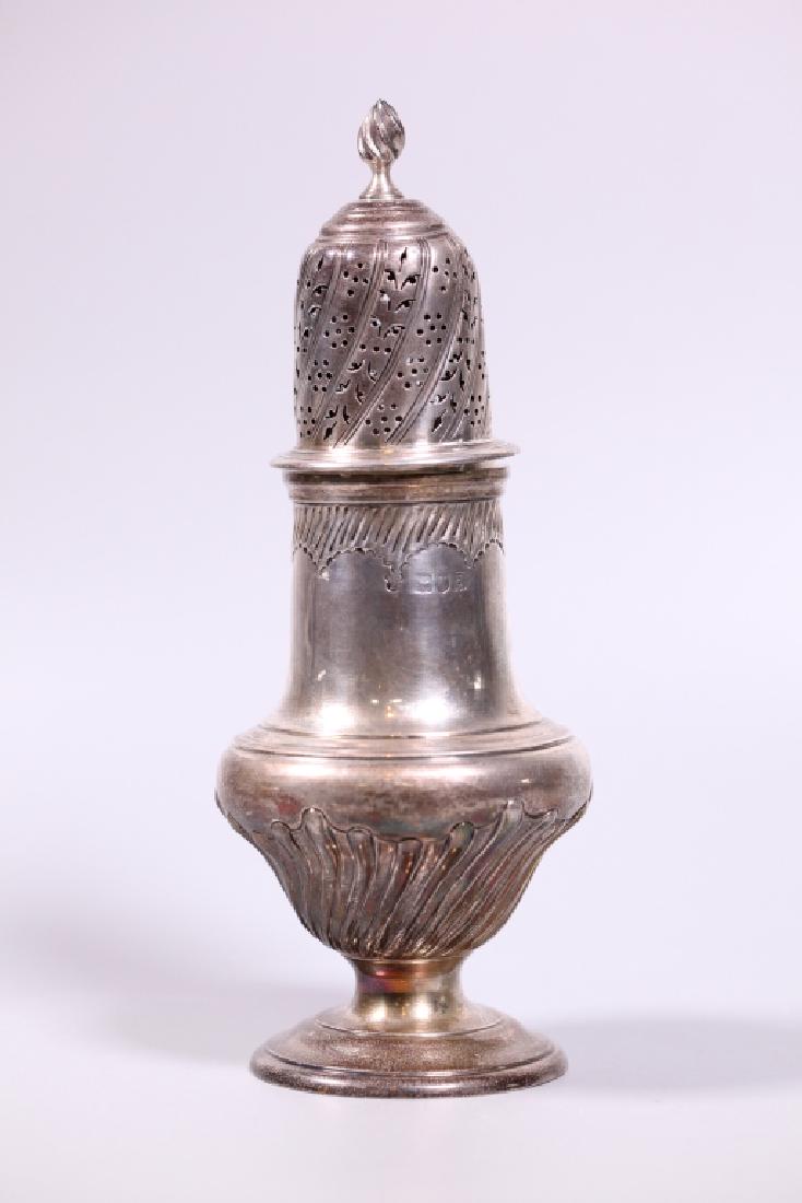 London Sterling 1896; C S Harris Sugar Caster: London Sterling 1896; Charles Stuart Harris Sugar Caster in 18th century style, fully hallmarked on neck of bottom and neck of cover. Light age related wear. Weight 222 grams. Height 8 3/8 inches (21.