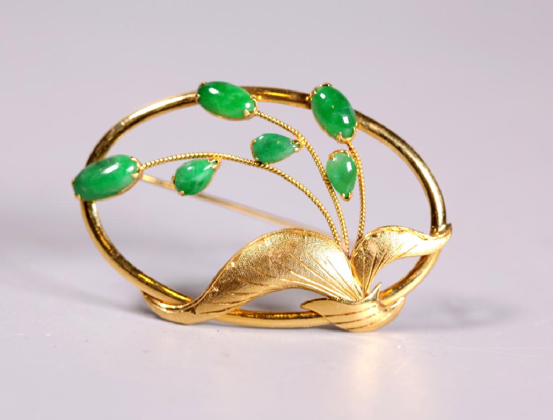 Chinese Apple Green Jadeite & 14K Gold Flower Pin (1 of 5)