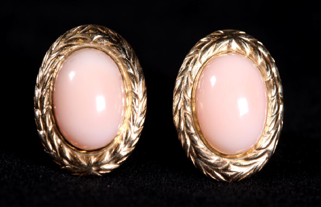 Pair Angel Skin Coral Oval Cabochon Earrings 14K (1 of 5)