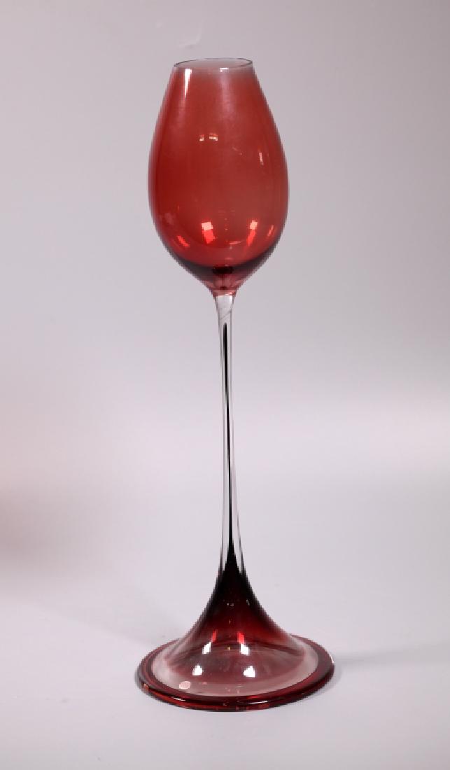 Orrefors Exposition Glass Tulip Goblet; Landberg: Exposition Tulip Goblet or Vase, "Tulpanglas" by Nils Landberg in red overlay on clear glass, 1957; engraved "Orrefors Expo N 312-57" to folded glass foot. Good condition. Height 16 1/8 inches (41 cm.