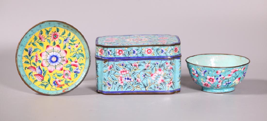 Three Chinese 19 C Canton Enamels; Box Bowl Plate (1 of 11)