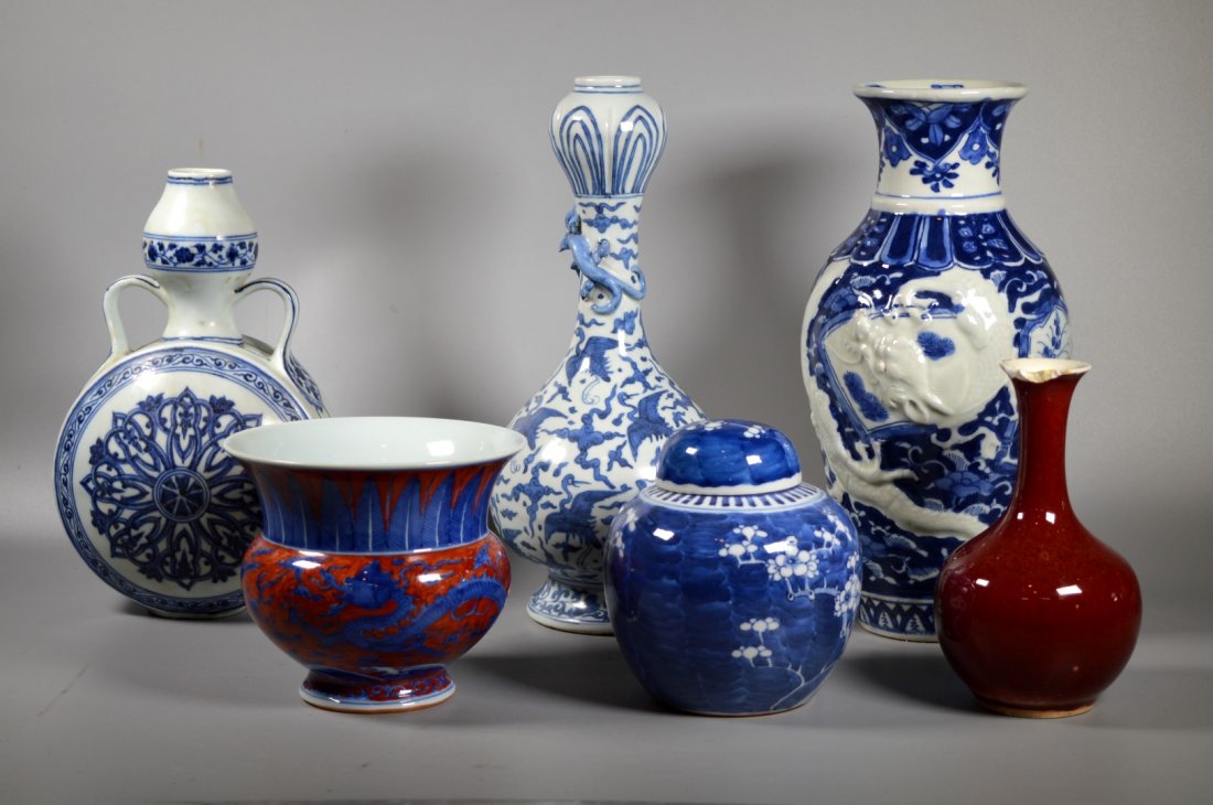 Group of Six Chinese porcelain Blue & White, Red Glaze (1 of 14)