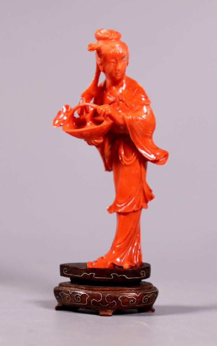 Chinese Carved Coral Lady; Silver Inlaid Stand (1 of 5)