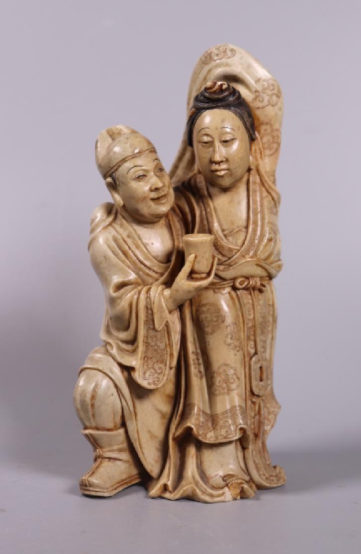 Chinese 19 C Soapstone Carving Man & Dancer: Chinese 19 Century Soapstone Carving of a Man offering a cup of wine to a Dancing Lady in an Embroidered long sleeved gown. Good condition with light age related wear, small chip to bottom of Lady's s