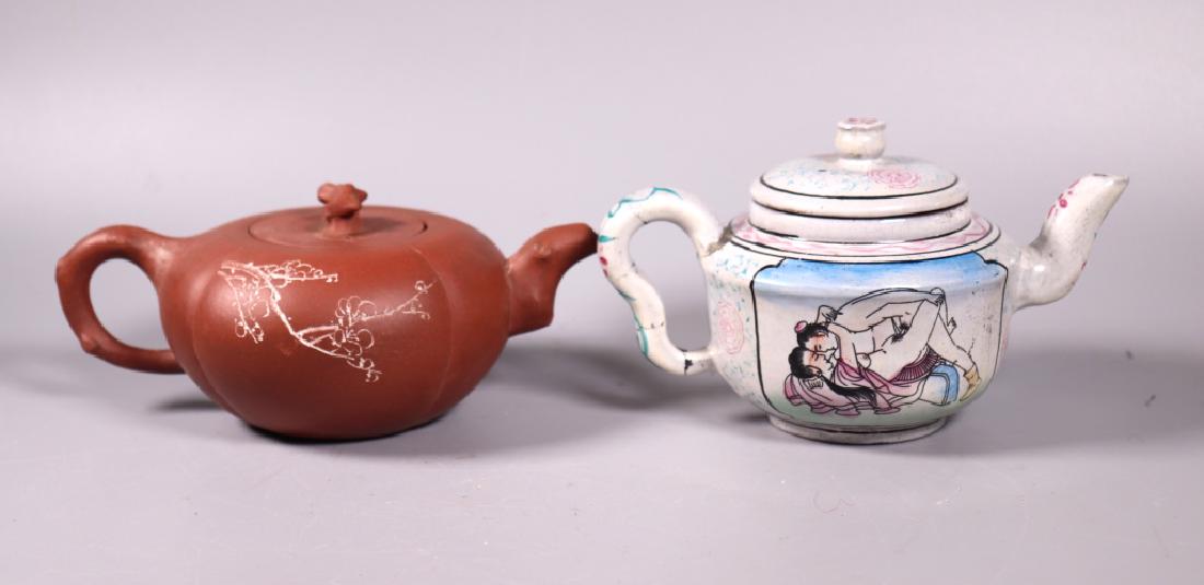 2 Chinese Yixing Teapots; Erotic Enameled, Melon: 2 Chinese Yixing Teapots; the first a rare Erotic Enameled Yixing teapot with 2 erotic scenes, the unglazed base with impressed mark; together with an incised Melon shaped teapot with branch handle an
