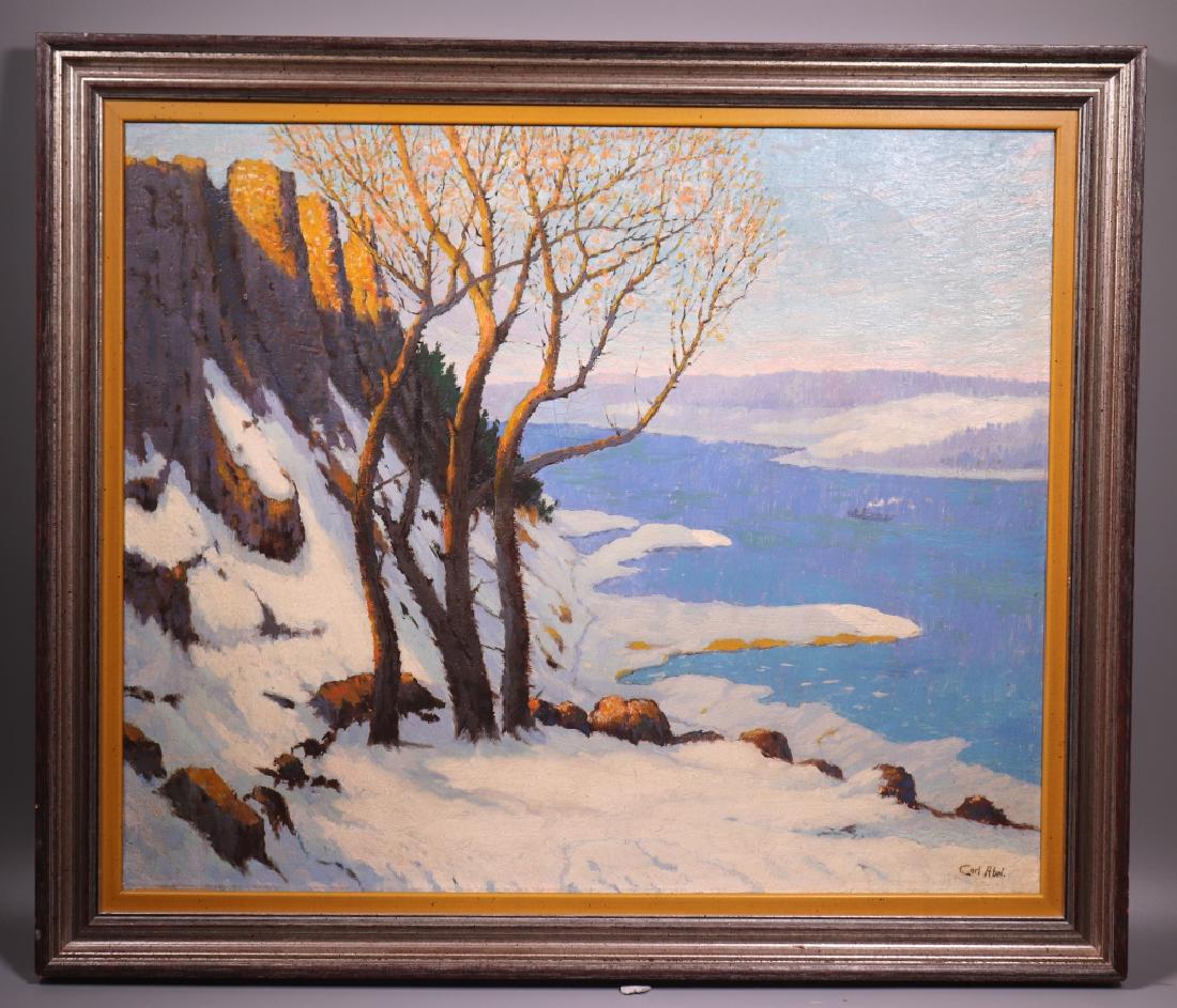 Carl Abel; Winter River Landscape; Oil Canvas: Carl Abel; Winter River Landscape; Oil Canvas signed lower right recto; framed. Good condition. Height of art 20 inches (50.8 cm.) X width of art 24 inches (61 cm.).
